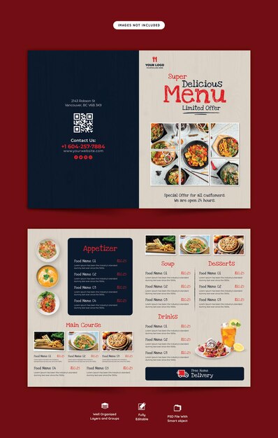 Plantilla de folleto plegable de menú de comida y restaurante