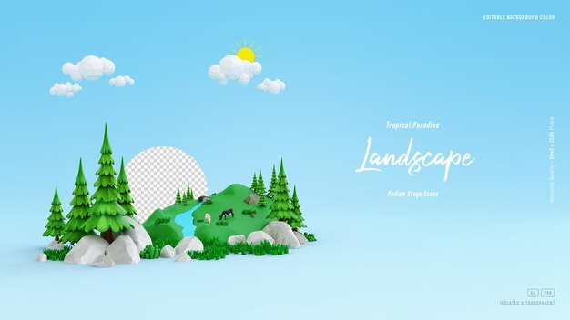 Plantilla de fondo de paisaje de valle verde con lindos pinos y rocas ilustración 3D aislada