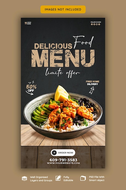 PSD gratuito plantilla de historia de facebook e instagram para menú de comida y restaurante