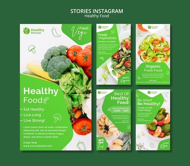 PSD gratuito plantilla de historia de instagram de comida saludable de diseño plano