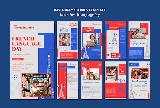 PSD gratuito plantilla de historias de instagram del día de la lengua francesa