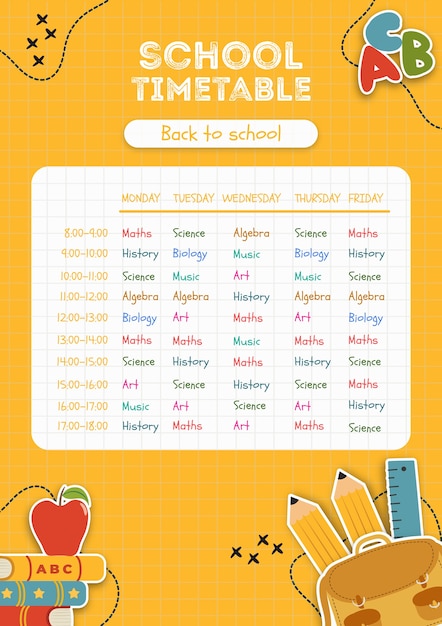 Plantilla de horario escolar amarillo