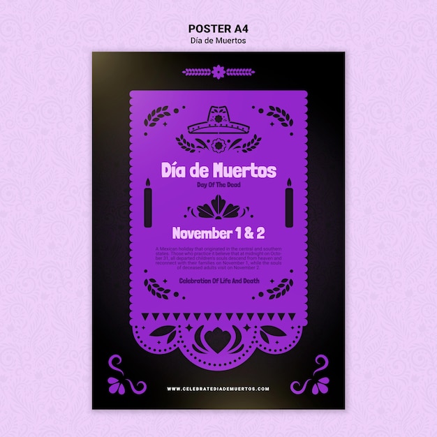 PSD gratuito plantilla de impresión de dia de muertos morado