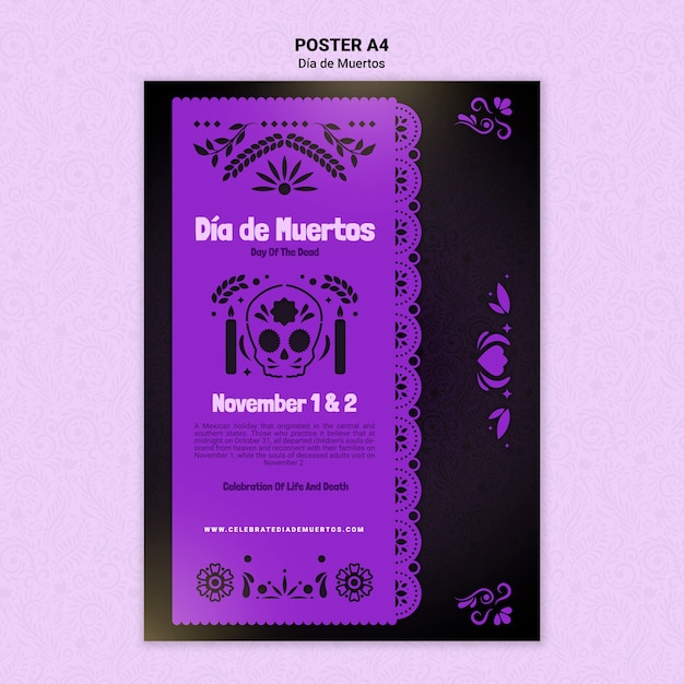 PSD gratuito plantilla de impresión de dia de muertos morado