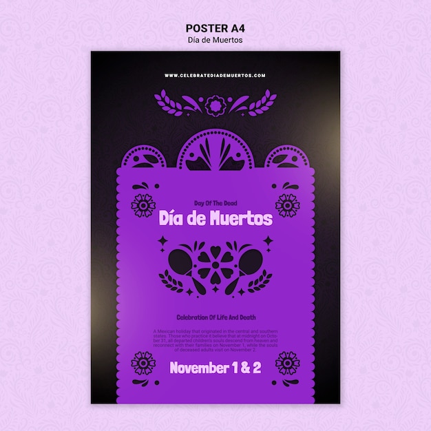 PSD gratuito plantilla de impresión de dia de muertos morado