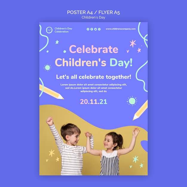 PSD gratuito plantilla de impresión vertical del día del niño con detalles coloridos