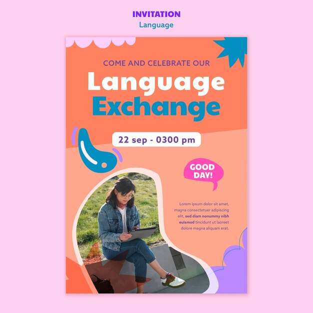 Plantilla de invitación de aprendizaje de idiomas de diseño plano