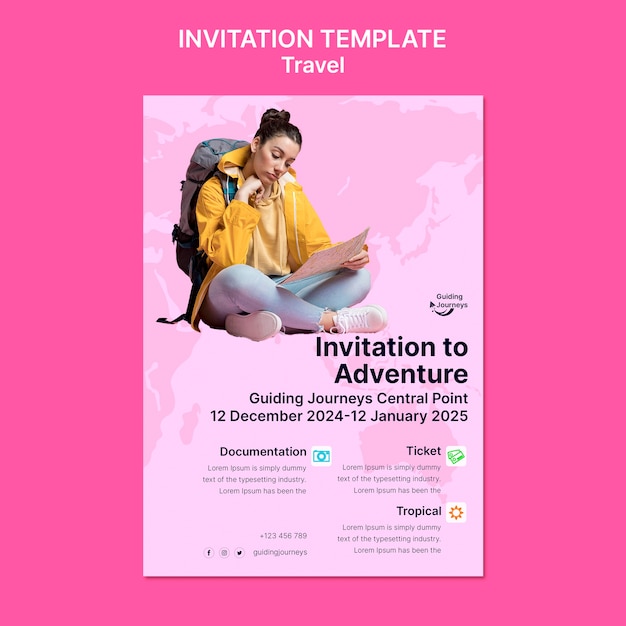 PSD gratuito plantilla de invitación de aventura de viaje de diseño plano