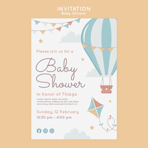 plantilla de invitación de baño de bebé de diseño plano.