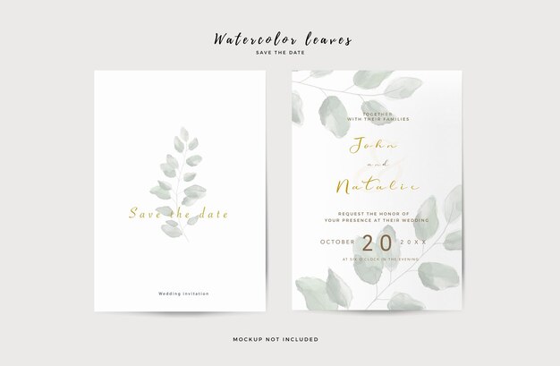 Plantilla de invitación de boda elegante con hojas de acuarela