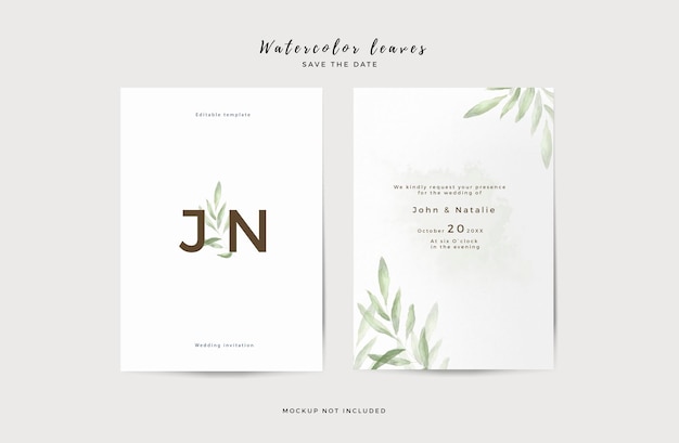 Plantilla de invitación de boda elegante con hojas de acuarela