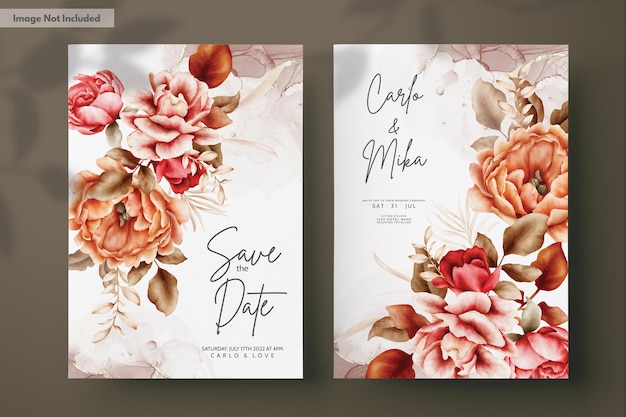 PSD gratuito plantilla de invitación de boda con elegantes acuarelas marrones rosas