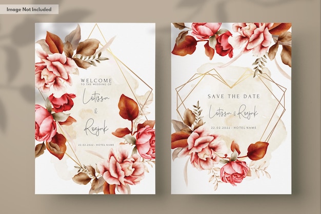 PSD gratuito plantilla de invitación de boda con elegantes acuarelas marrones rosas