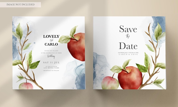 Plantilla de invitación de boda con fruta de manzana acuarela y decoración floral