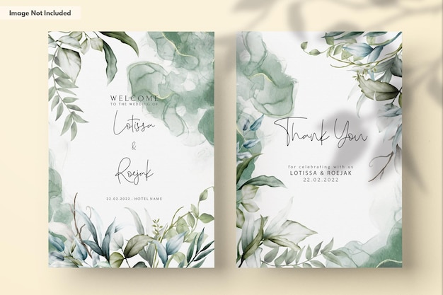 PSD gratuito plantilla de invitación de boda con hermosas hojas de acuarela