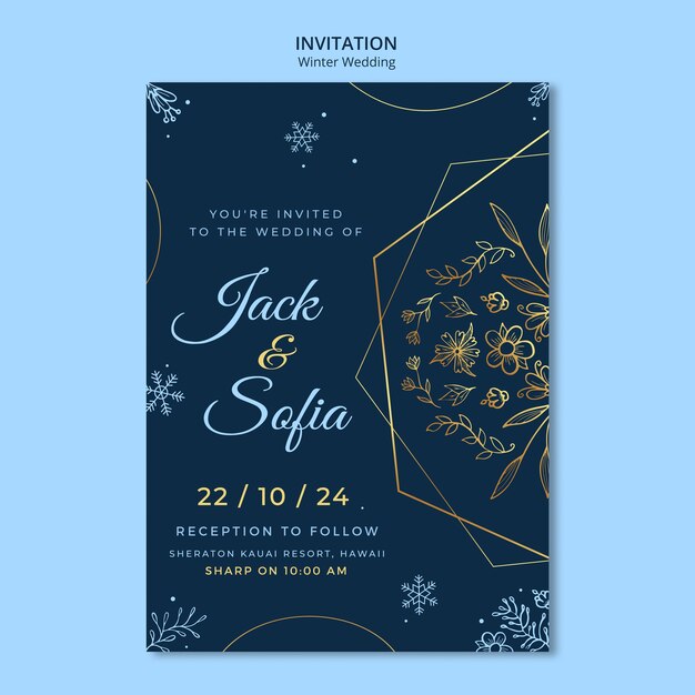 Plantilla de invitación de boda de invierno dibujada a mano
