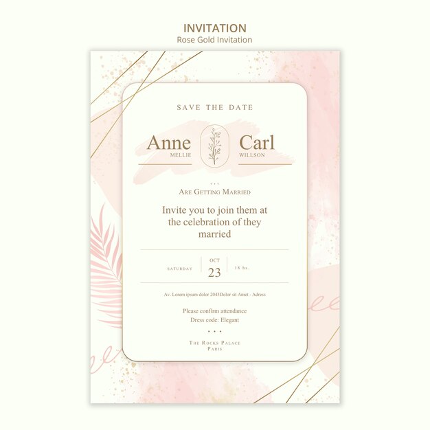 Plantilla de invitación de boda de oro rosa con hojas