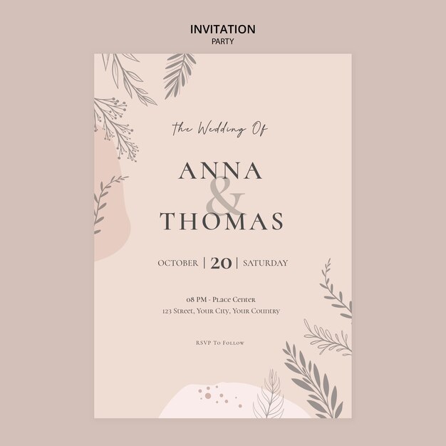 Plantilla de invitación para boda con vegetación