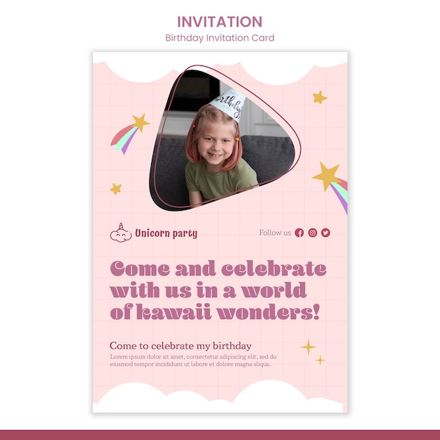 Plantilla de invitación de celebración de cumpleaños de diseño plano