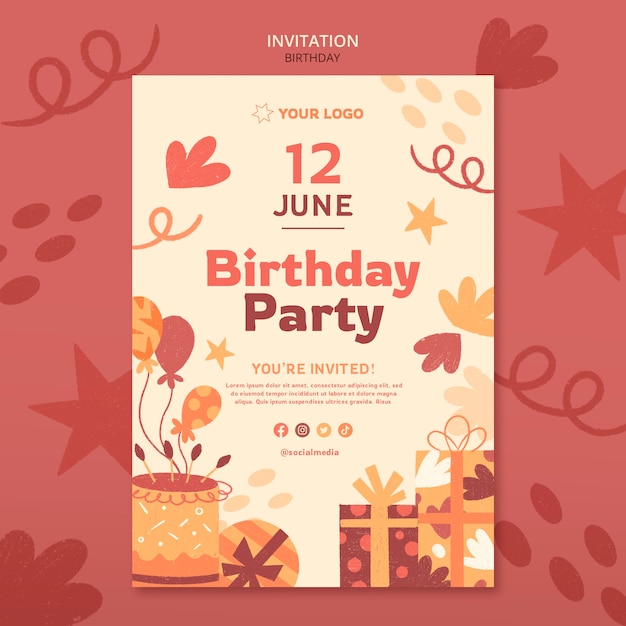 Plantilla de invitación de celebración de cumpleaños de diseño plano