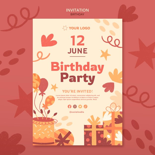 Plantilla de invitación de celebración de cumpleaños de diseño plano