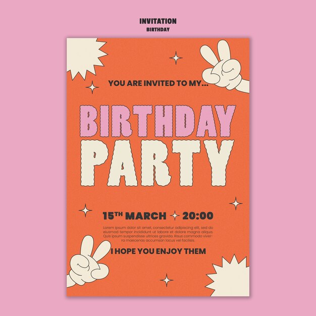 Plantilla de invitación de celebración de cumpleaños de diseño plano