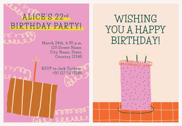 Plantilla de invitación de celebración de cumpleaños psd con lindos garabatos