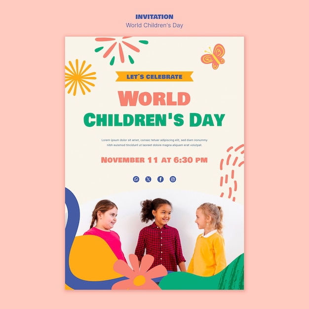 PSD gratuito plantilla de invitación para la celebración del día mundial del niño.