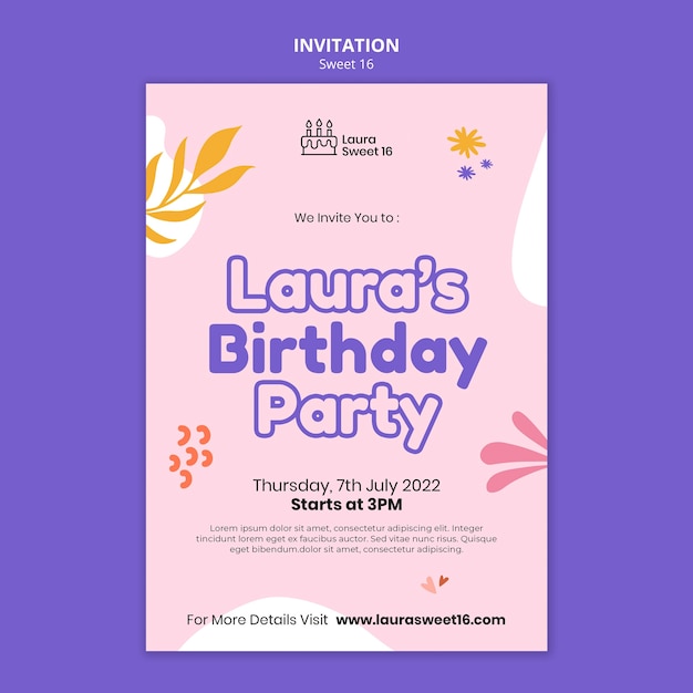 Plantilla de invitación de celebración de dulces 16 con hojas