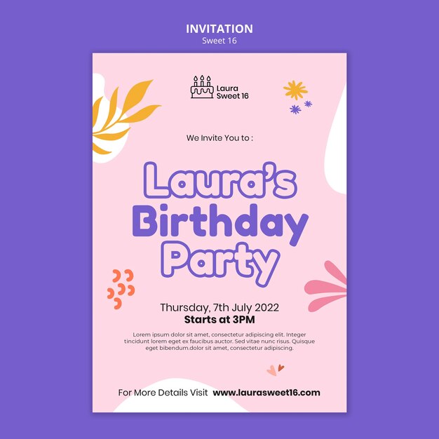 Plantilla de invitación de celebración de dulces 16 con hojas