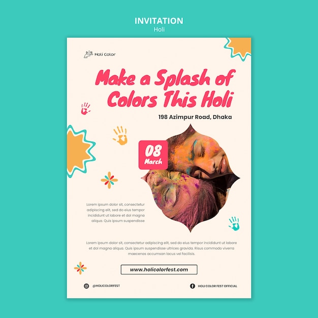 PSD gratuito plantilla de invitación de celebración holi de diseño plano