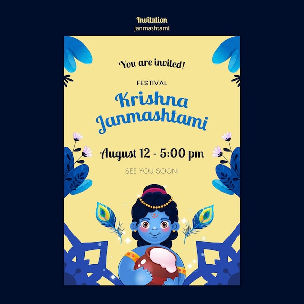 PSD gratuito plantilla de invitación de celebración de janmashtami dibujada a mano