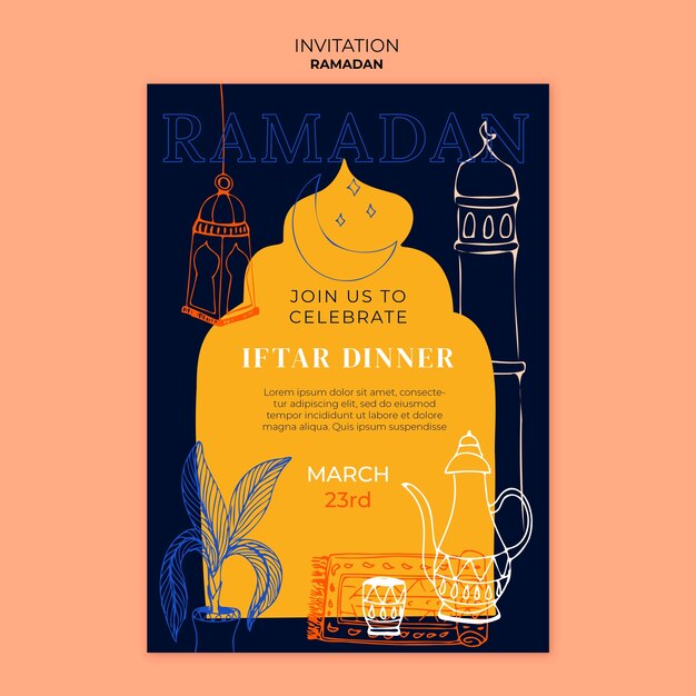 Plantilla de invitación de celebración de ramadán dibujada a mano