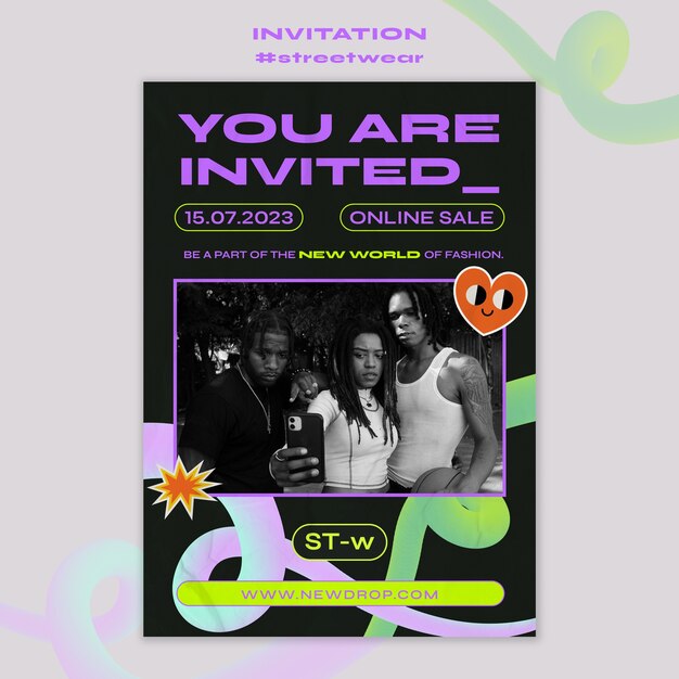 Plantilla de invitación de colección de streetwear de diseño plano