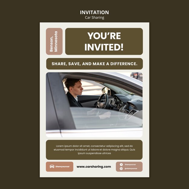 Plantilla de invitación para compartir coche en diseño plano
