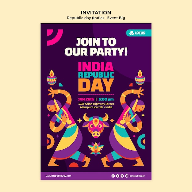 PSD gratuito plantilla de invitación del día de la república india de diseño plano