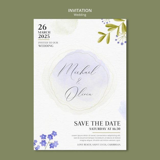 PSD gratuito plantilla de invitación de diseño de boda en acuarela