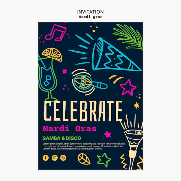 PSD gratuito plantilla de invitación de diseño plano para el mardi gras