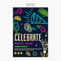 PSD gratuito plantilla de invitación de diseño plano para el mardi gras