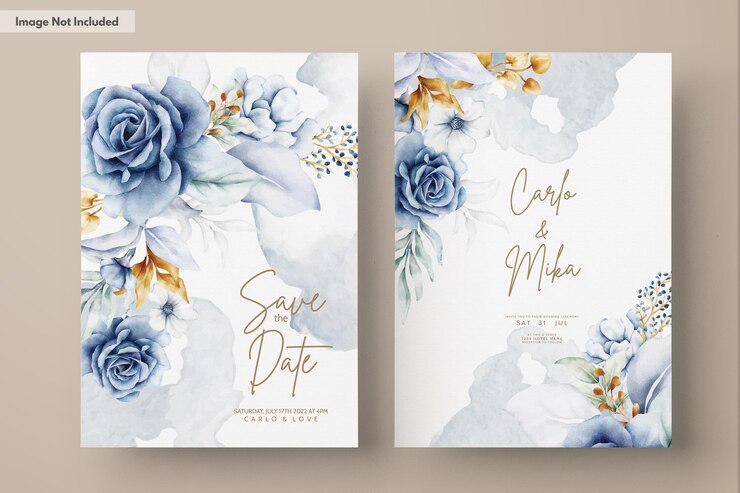 Plantilla de invitación con elegantes rosas azules blancas en acuarela