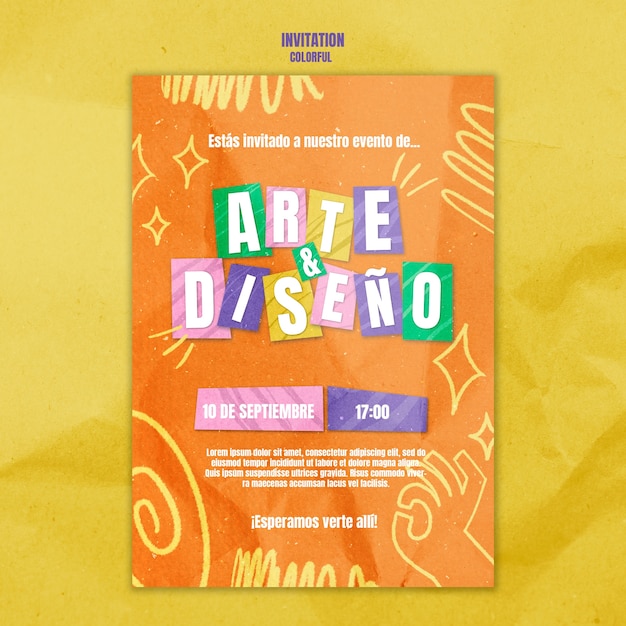plantilla de invitación de evento colorida dibujada a mano