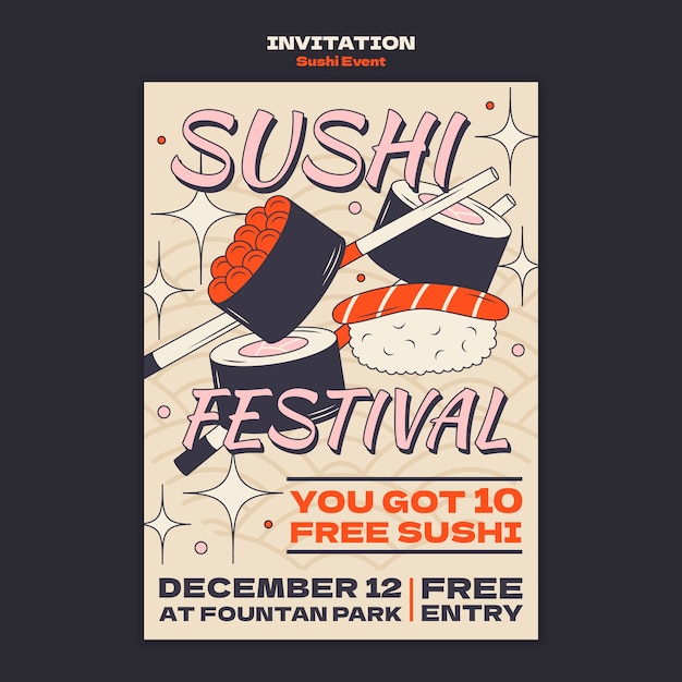 Plantilla de invitación a evento de sushi dibujado a mano