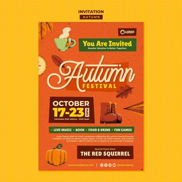 Plantilla de invitación de festival de otoño dibujada a mano