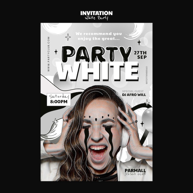 PSD gratuito plantilla de invitación de fiesta blanca dibujada a mano