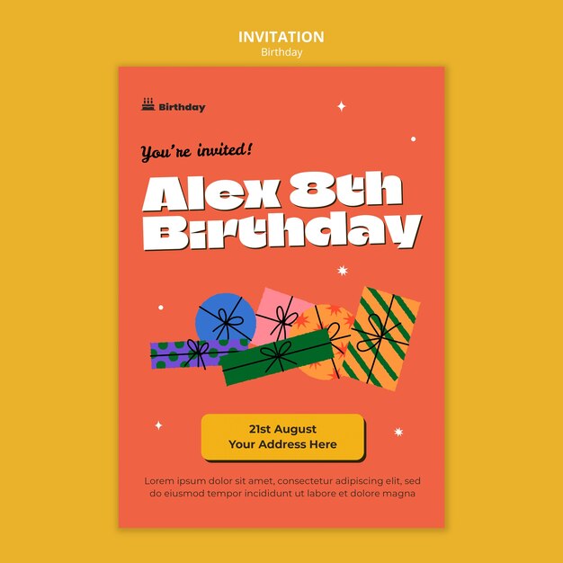 Plantilla de invitación de fiesta de cumpleaños de diseño plano