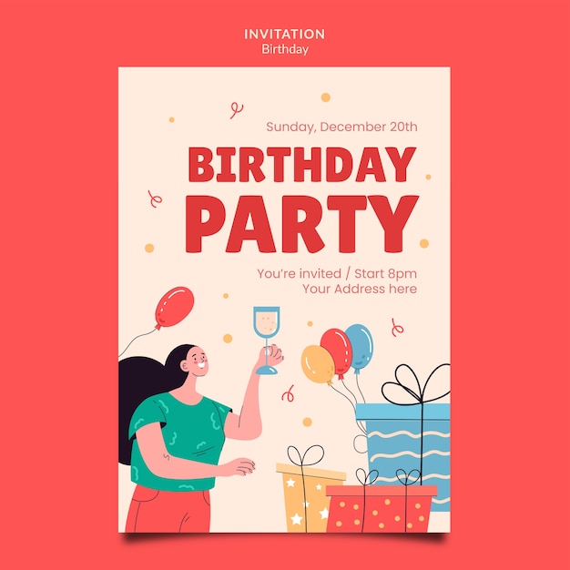 Plantilla de invitación de fiesta de cumpleaños de diseño plano