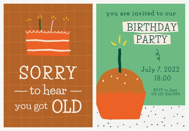Plantilla de invitación de fiesta de cumpleaños psd con lindos garabatos