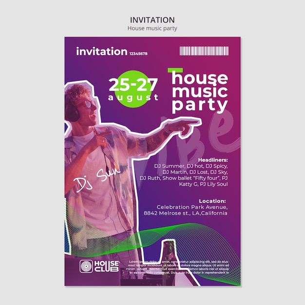 Plantilla de invitación para una fiesta de música house