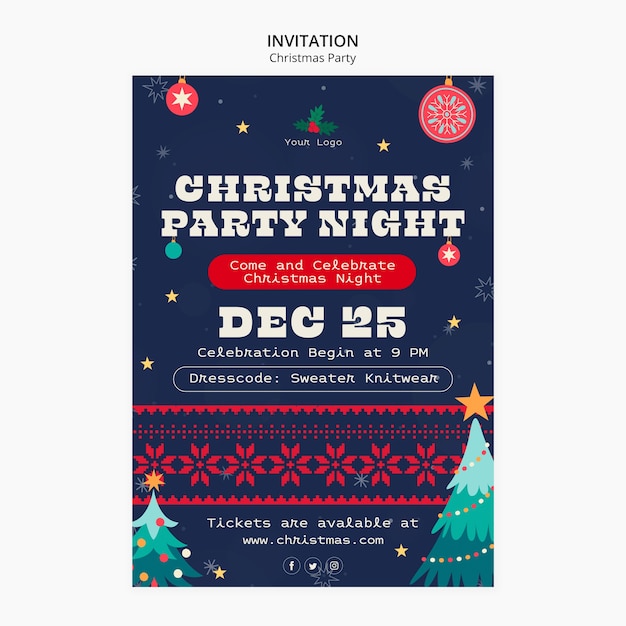 Plantilla de invitación de fiesta de navidad de diseño plano