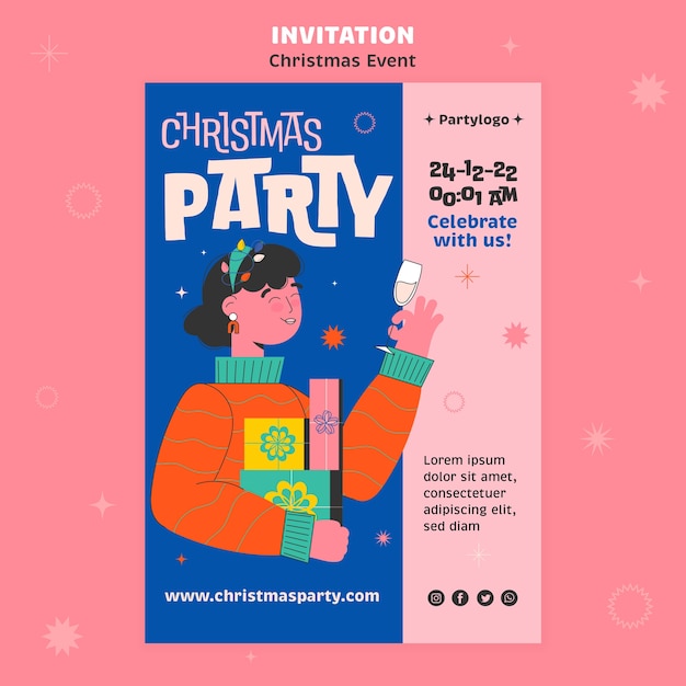 PSD gratuito plantilla de invitación de fiesta de navidad de diseño plano